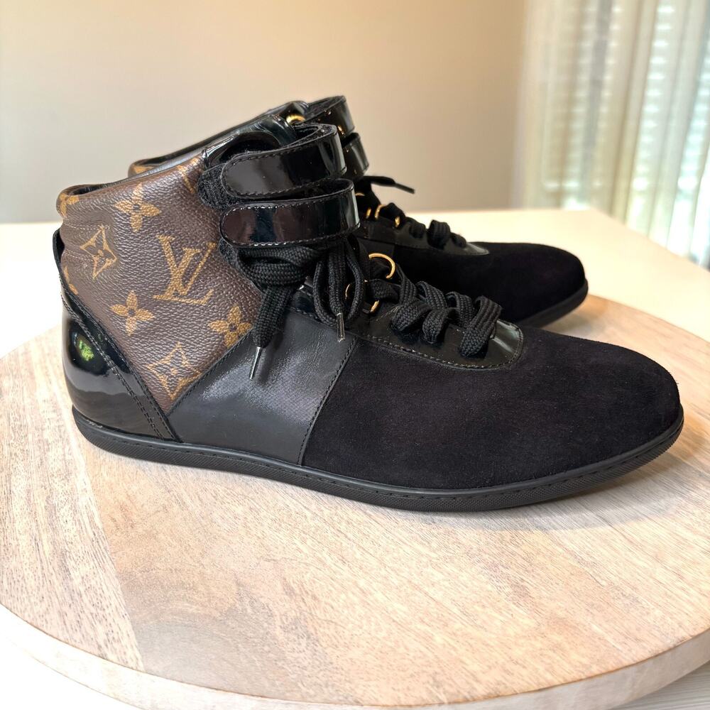 Authentic Louis Vuitton Black Monogram Move Up High Top Sneakers Shoes Size 7.5